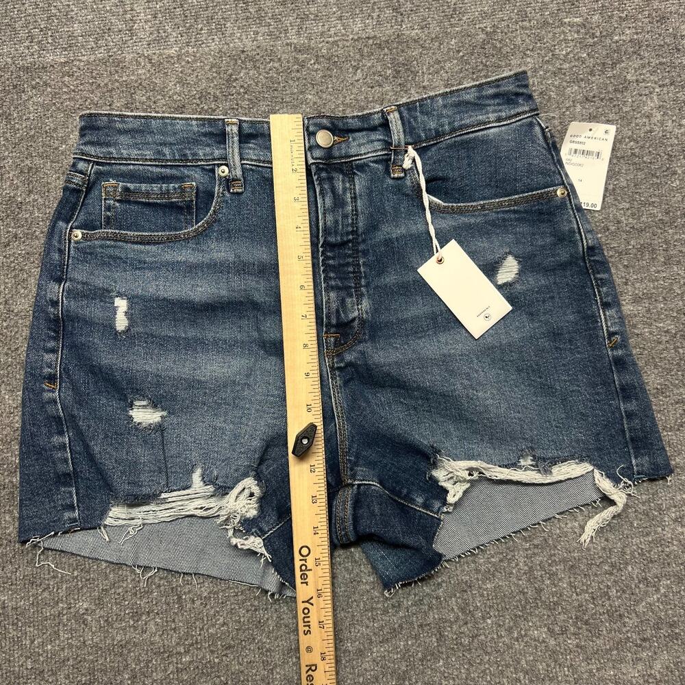 Good American Bombshell Shorts Womens 14/32 Blue Distressed Raw Hem NEW - Picture 11 of 11